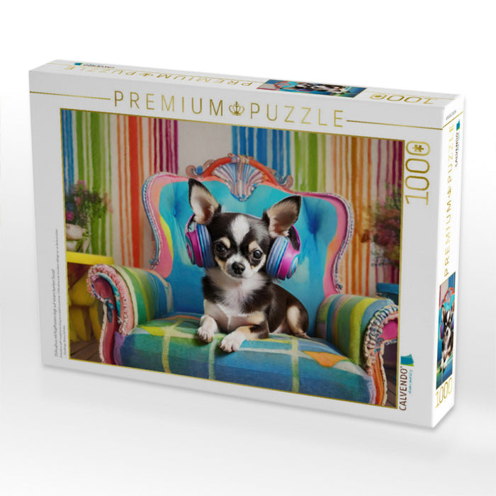 Chihuahua mit Kopfhörern liegt auf einem bunten Sessel - CALVENDO Foto-Puzzle'