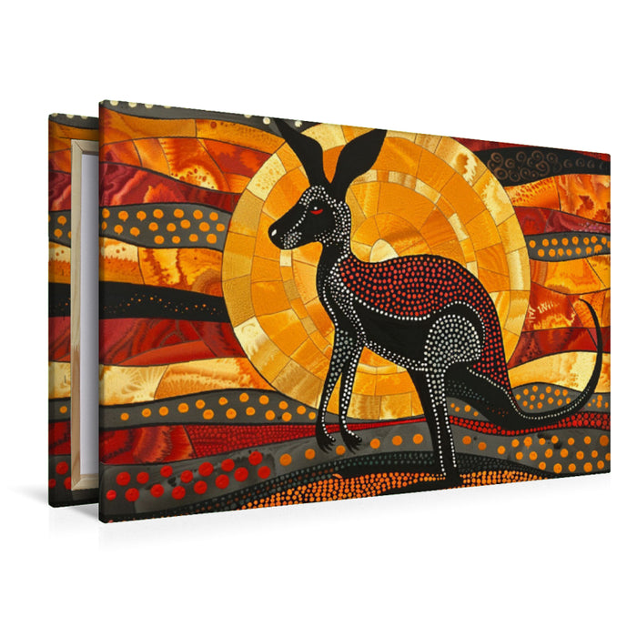 Premium Textil-Leinwand Känguru im Sonnenuntergang - im Stil der Kunst der Aborigines