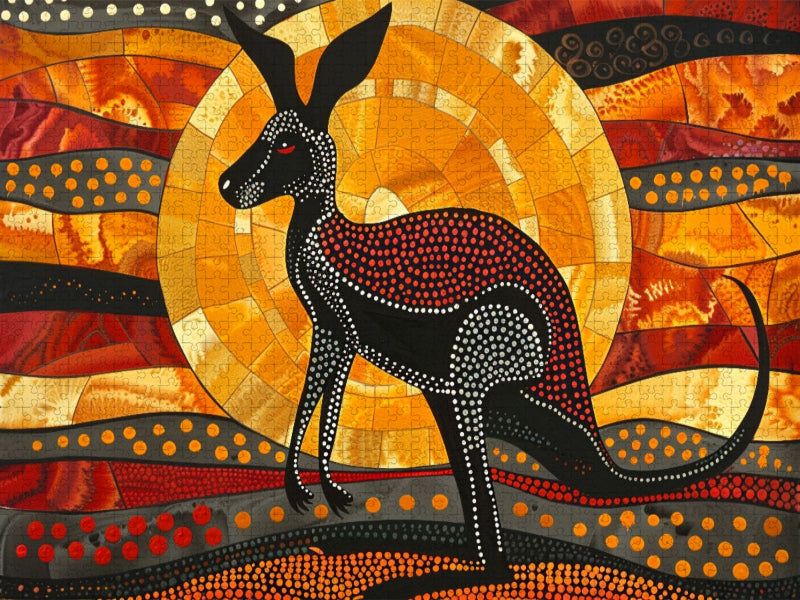 Känguru im Sonnenuntergang - im Stil der Kunst der Aborigines - CALVENDO Foto-Puzzle'