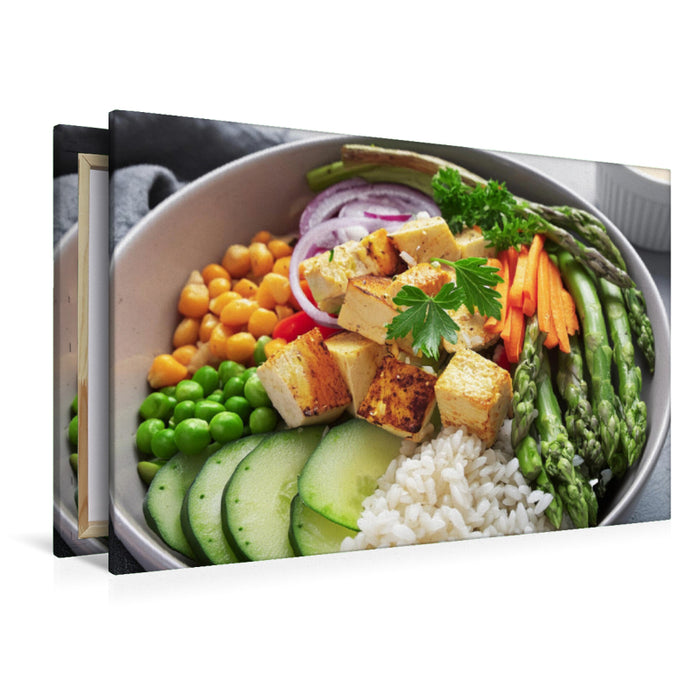 Premium Textil-Leinwand Vegane Bowl mit grünem Spargel, Tofu, Karotten, Gurken, Reis, Toppings, Dressing,