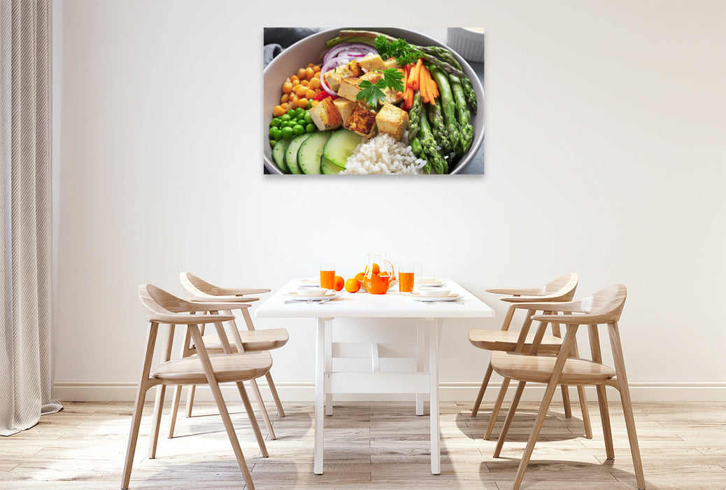 Premium Textil-Leinwand Vegane Bowl mit grünem Spargel, Tofu, Karotten, Gurken, Reis, Toppings, Dressing,