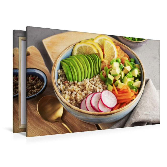 Premium Textil-Leinwand Vegane Bowl mit braunem Reis, Karotten, Radieschen, Tofu, Zitrone, Gurken, Soja Sauce