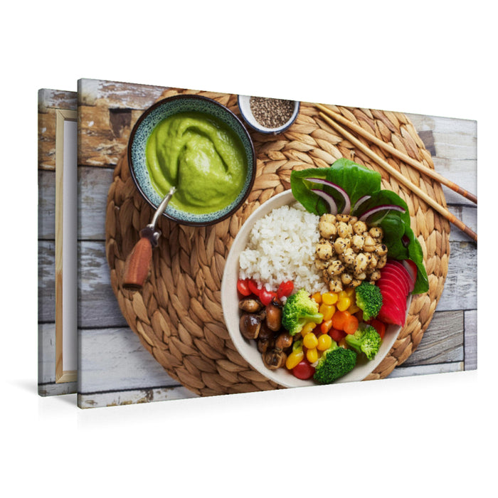 Premium Textil-Leinwand Vegane Bowl mit Kichererbsen, Mais, Paprika, Avocadodip, Karotten, Brokkoli, rote Beete