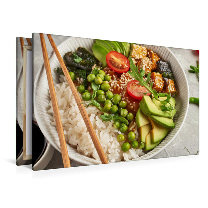 Premium Textil-Leinwand Vegane Bowl mit Erbsen, Poke Reis, Tomaten, Algen und Avocado, Tofu, Basilikum, Toppings und Dressing