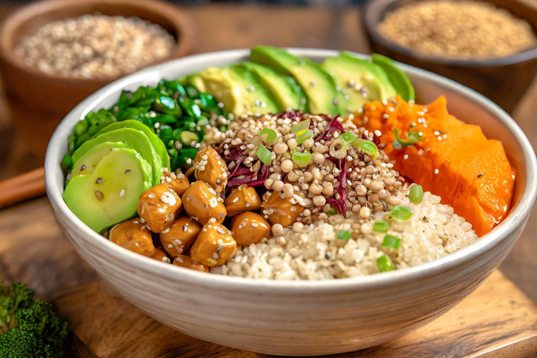 Premium Textil-Leinwand Vegane Bowl mit Reis, Avocado, Kichererbsenpüree, Toppings, Dressing