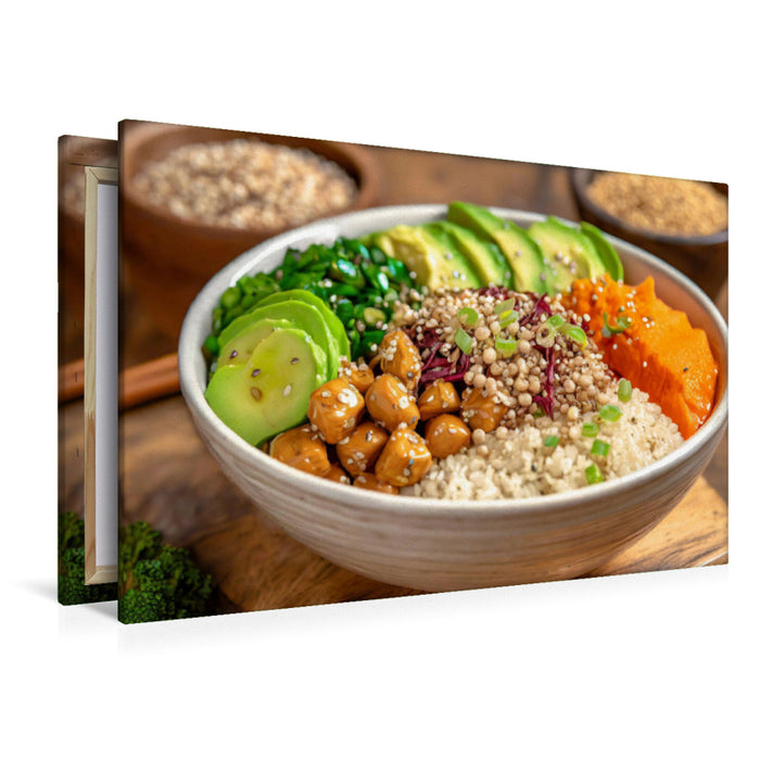 Premium Textil-Leinwand Vegane Bowl mit Reis, Avocado, Kichererbsenpüree, Toppings, Dressing