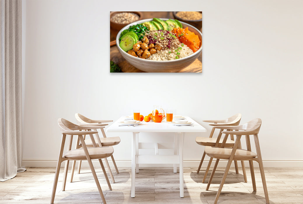 Premium Textil-Leinwand Vegane Bowl mit Reis, Avocado, Kichererbsenpüree, Toppings, Dressing