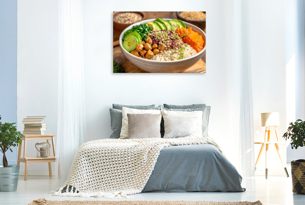 Premium Textil-Leinwand Vegane Bowl mit Reis, Avocado, Kichererbsenpüree, Toppings, Dressing