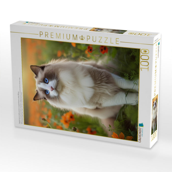 Ragdoll sitzt im Feld zwischen orangefarbenen zarten Blüten - CALVENDO Foto-Puzzle'