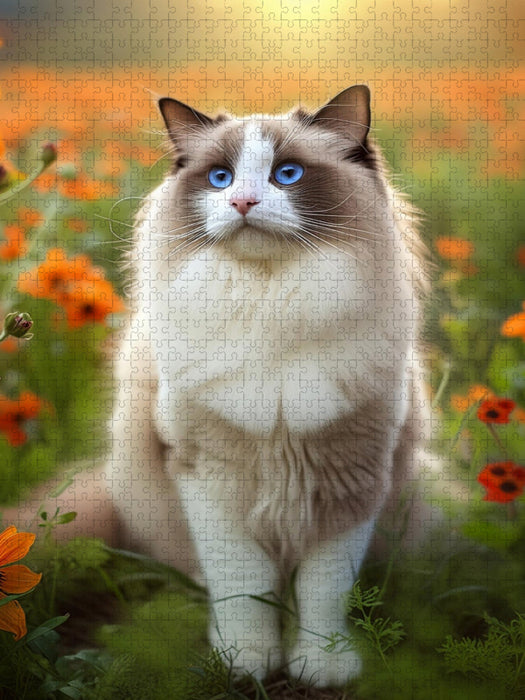Ragdoll sitzt im Feld zwischen orangefarbenen zarten Blüten - CALVENDO Foto-Puzzle'