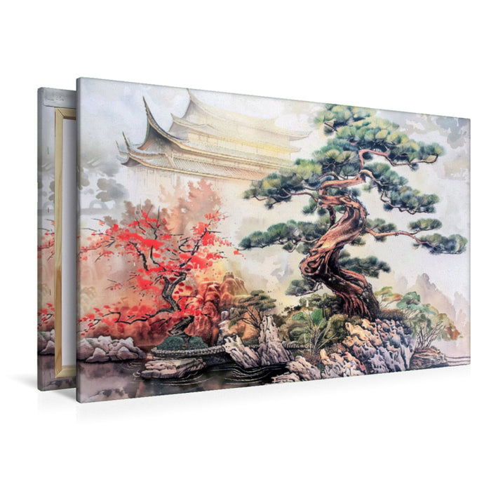 Premium Textil-Leinwand Chinesischer Bonsai-Garten als Tuschezeichnung