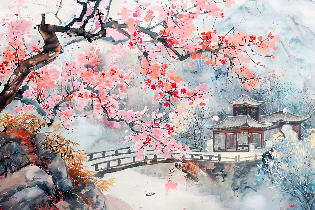 Premium Textil-Leinwand Chinesischer Tempel zur Kirschblüte als Tuschezeichnung