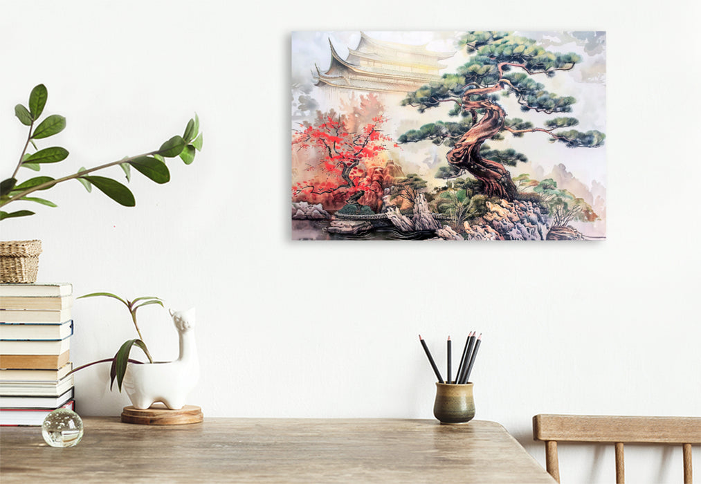 Premium Textil-Leinwand Chinesischer Bonsai-Garten als Tuschezeichnung