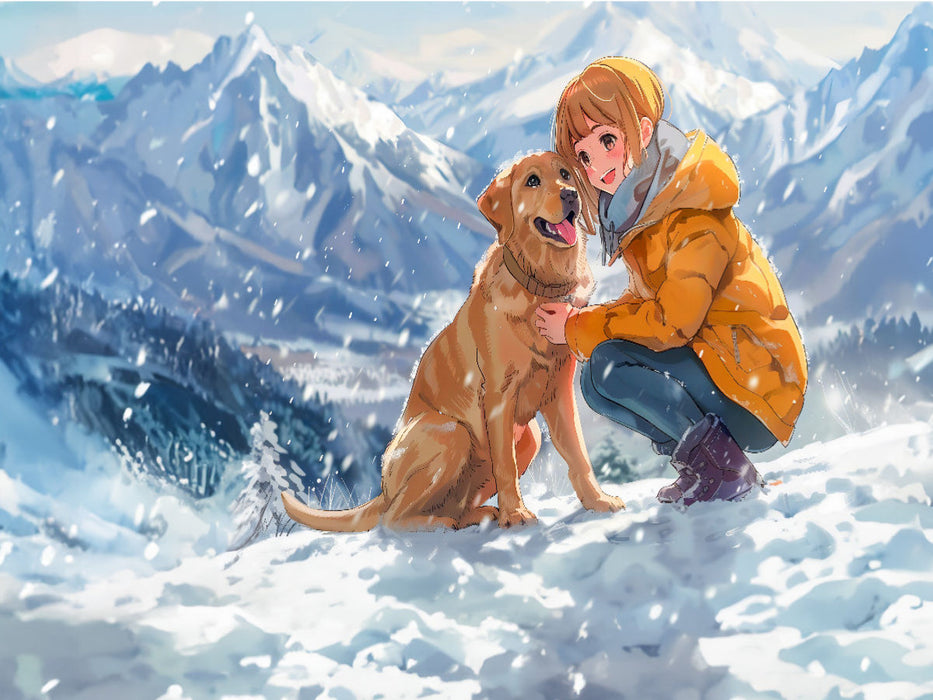 Anime-Mädchen auf einer Winterwanderung in den Bergen mit Hund. - CALVENDO Foto-Puzzle'