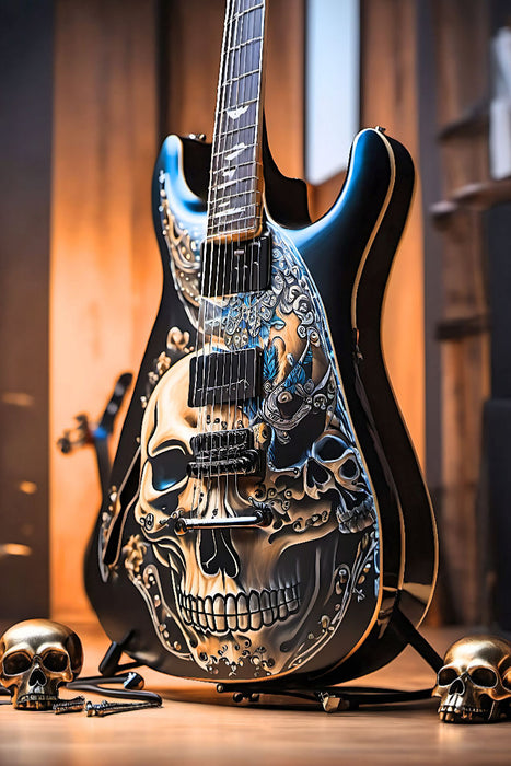 Premium Textil-Leinwand Gitarre mit Totenköpfen