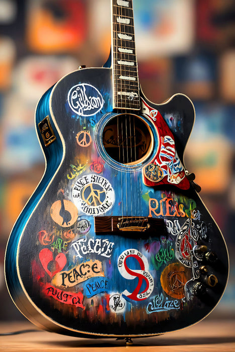 Premium Textil-Leinwand Love and Peace - kunstvoll bemalte akustische Gitarre