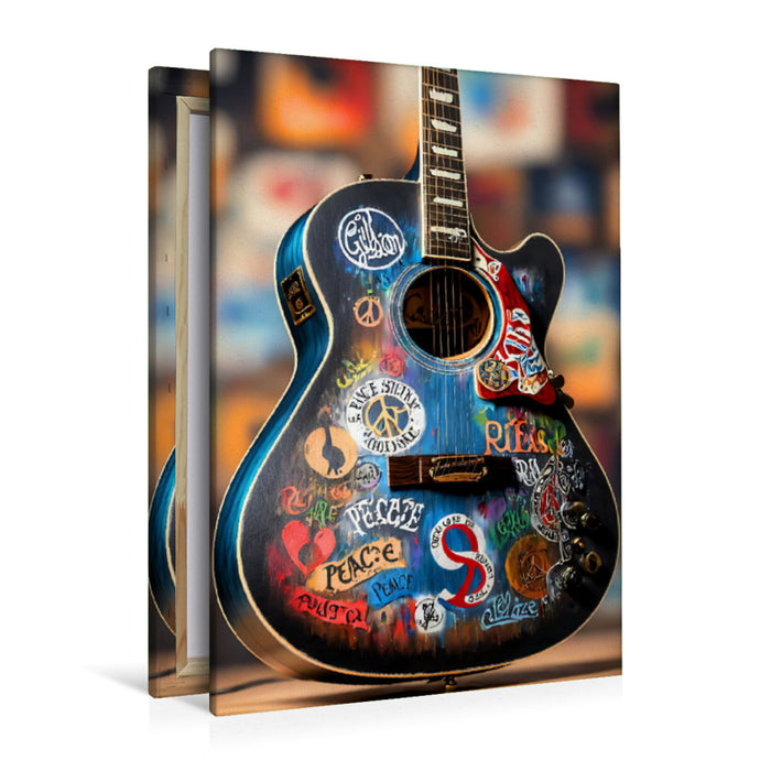 Premium Textil-Leinwand Love and Peace - kunstvoll bemalte akustische Gitarre