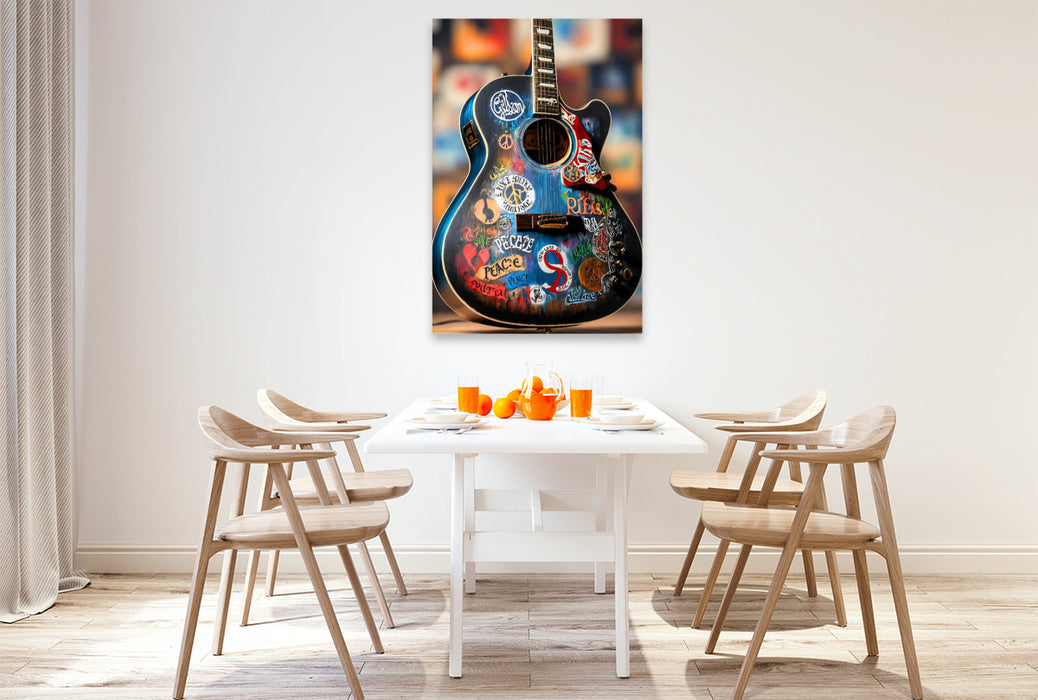 Premium Textil-Leinwand Love and Peace - kunstvoll bemalte akustische Gitarre