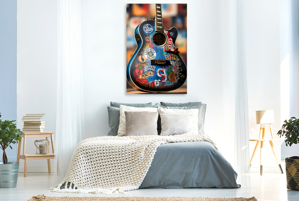 Premium Textil-Leinwand Love and Peace - kunstvoll bemalte akustische Gitarre