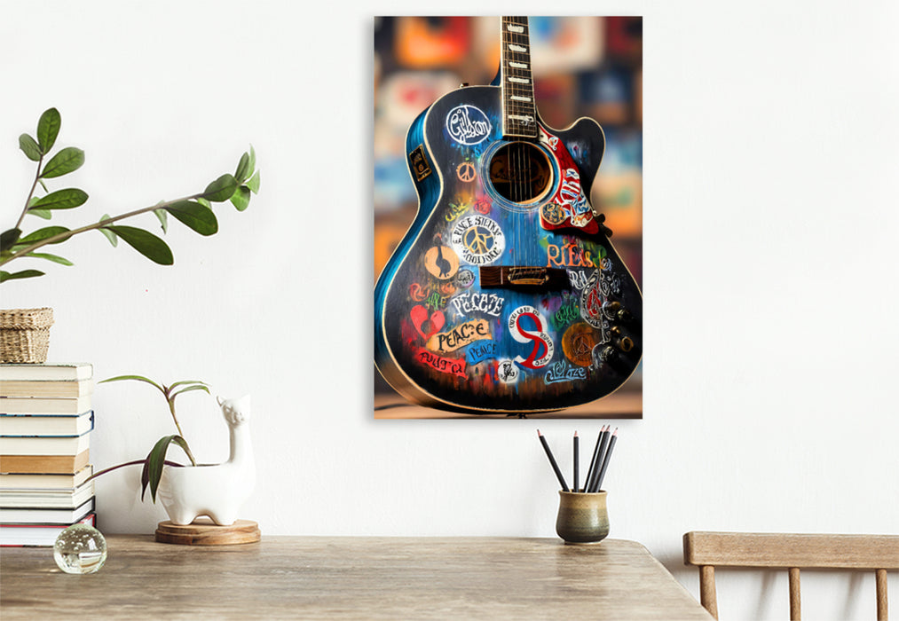 Premium Textil-Leinwand Love and Peace - kunstvoll bemalte akustische Gitarre