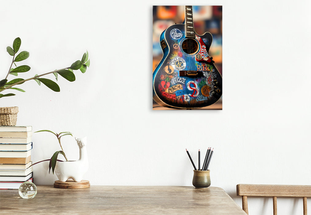 Premium Textil-Leinwand Love and Peace - kunstvoll bemalte akustische Gitarre