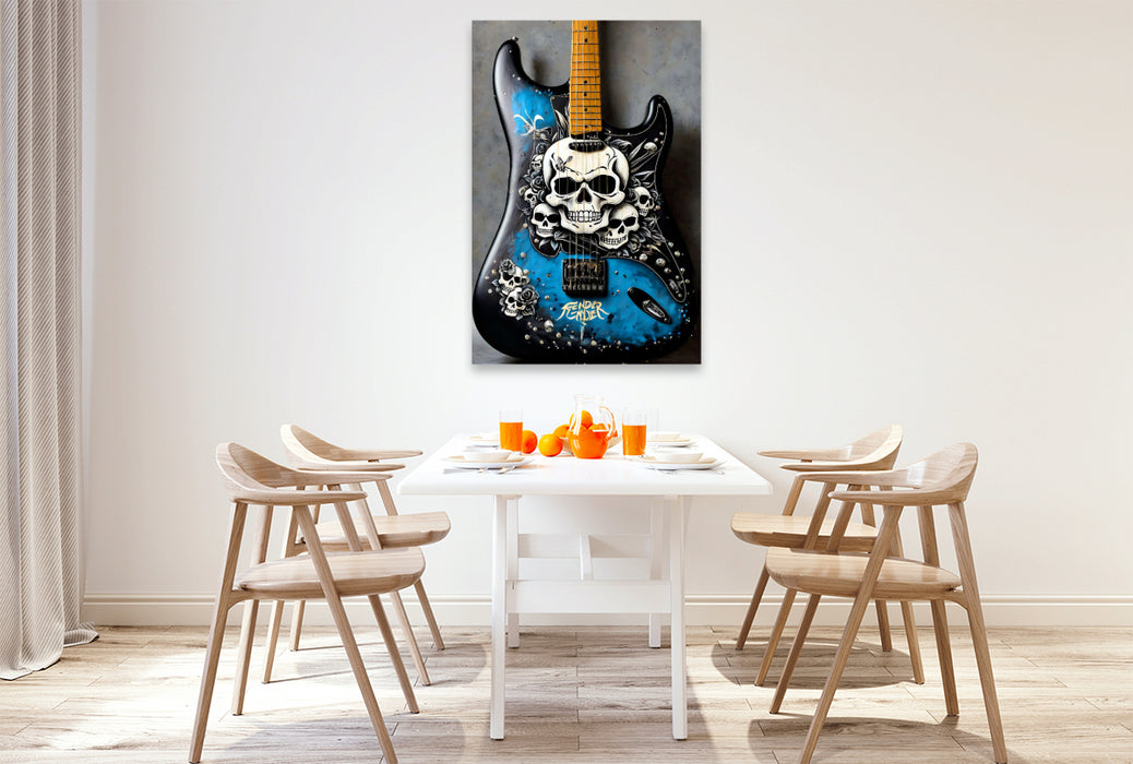 Premium Textil-Leinwand Laughing Skulls - mit Totenköpfen bemalte Gitarre