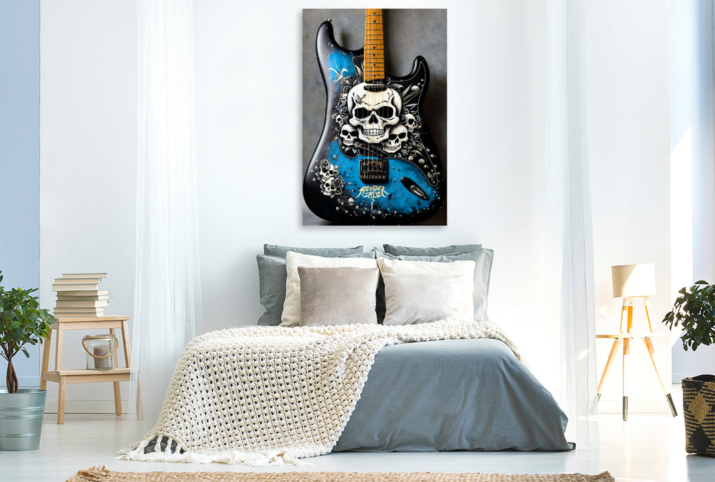 Premium Textil-Leinwand Laughing Skulls - mit Totenköpfen bemalte Gitarre
