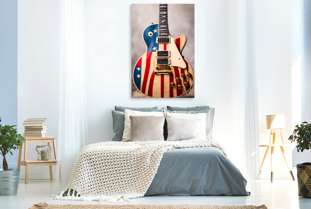 Premium Textil-Leinwand Stars and Stripes - stylisch bemalte elektrische Gitarre