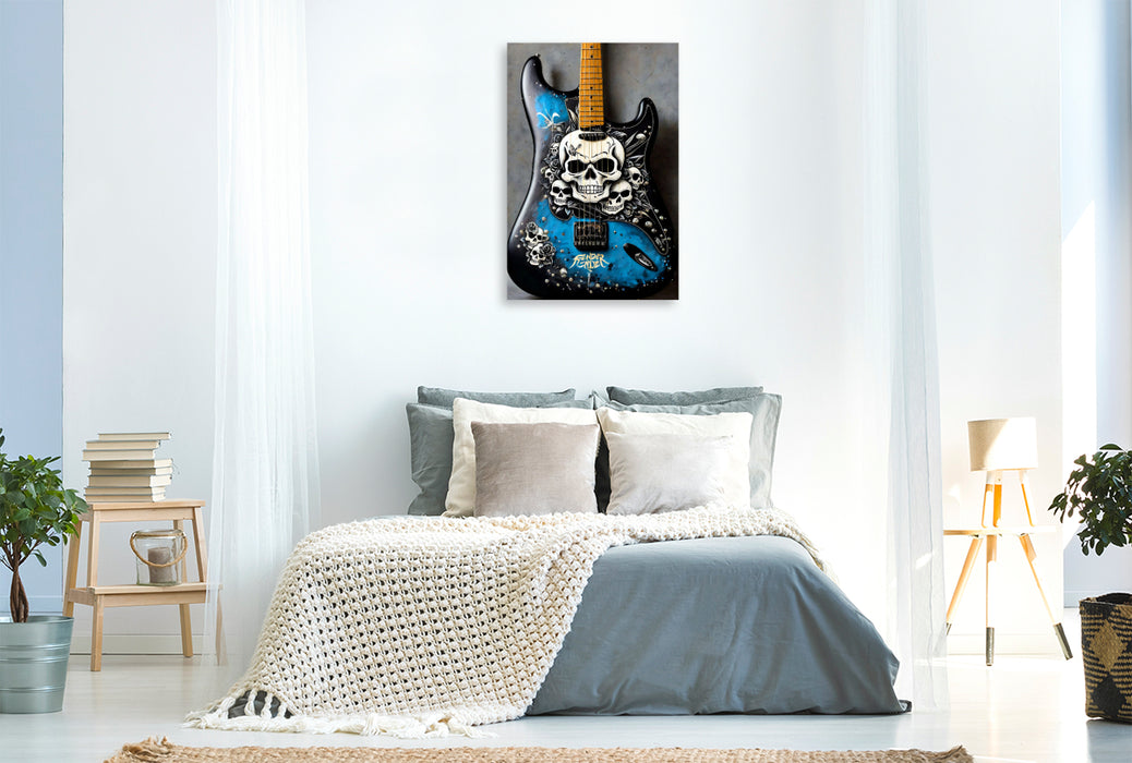 Premium Textil-Leinwand Laughing Skulls - mit Totenköpfen bemalte Gitarre