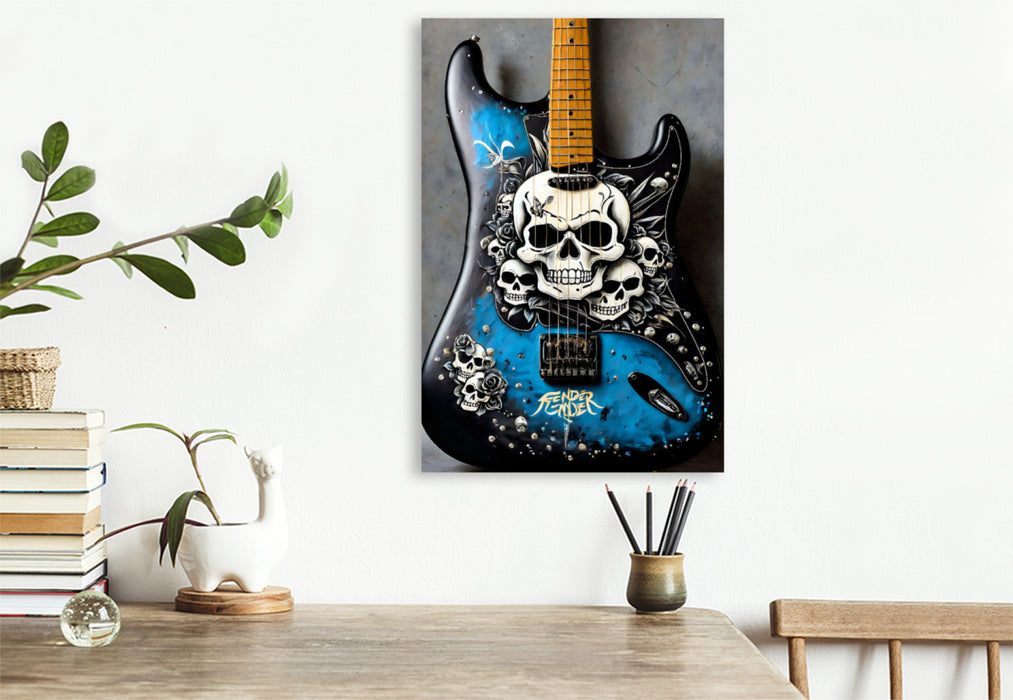 Premium Textil-Leinwand Laughing Skulls - mit Totenköpfen bemalte Gitarre