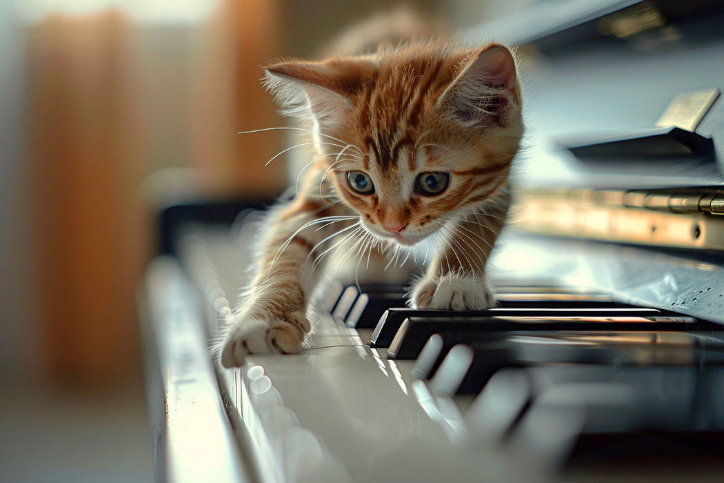 Premium Textil-Leinwand Klänge entdecken - Junge Katze auf dem Klavier