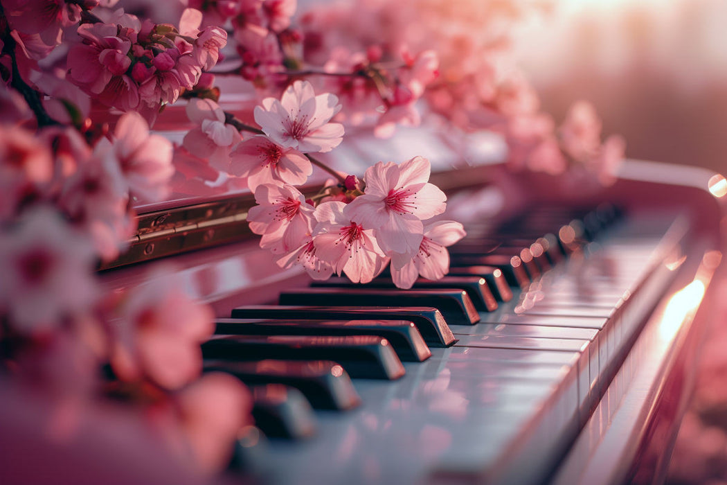 Premium Textil-Leinwand Symphonie im Frühling - Klavier und Kirschblüten