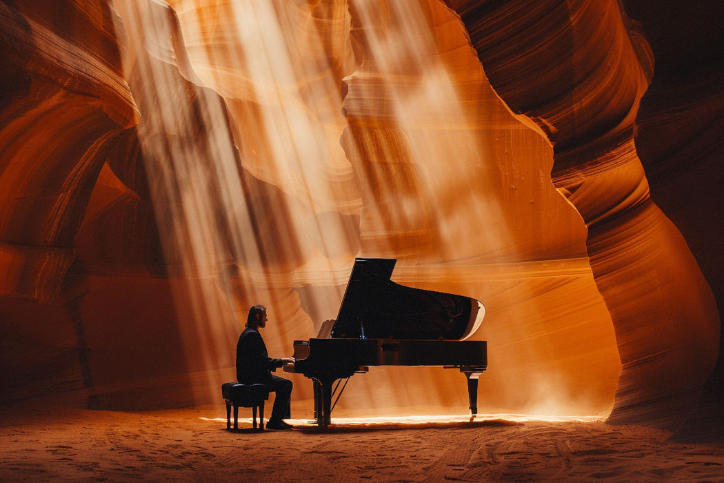 Premium Textil-Leinwand Pianospieler am Flügel im Canyon