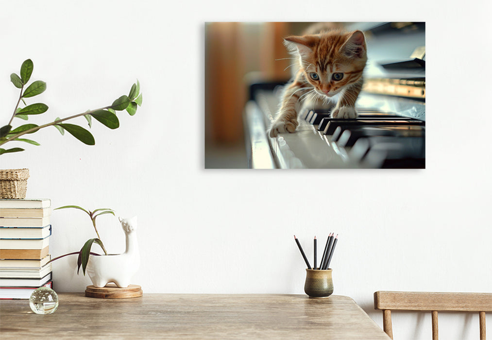 Premium Textil-Leinwand Klänge entdecken - Junge Katze auf dem Klavier