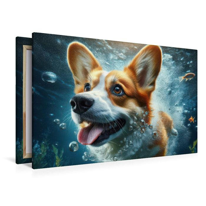 Premium Textil-Leinwand Welsh Corgi Pembroke unter Wasser