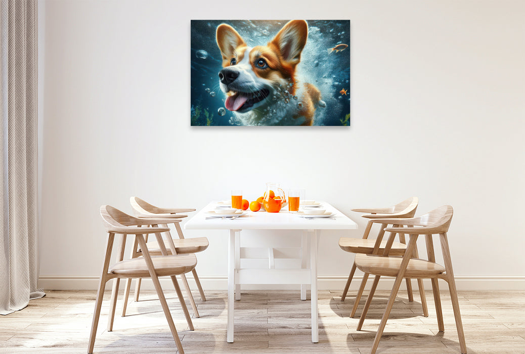 Premium Textil-Leinwand Welsh Corgi Pembroke unter Wasser