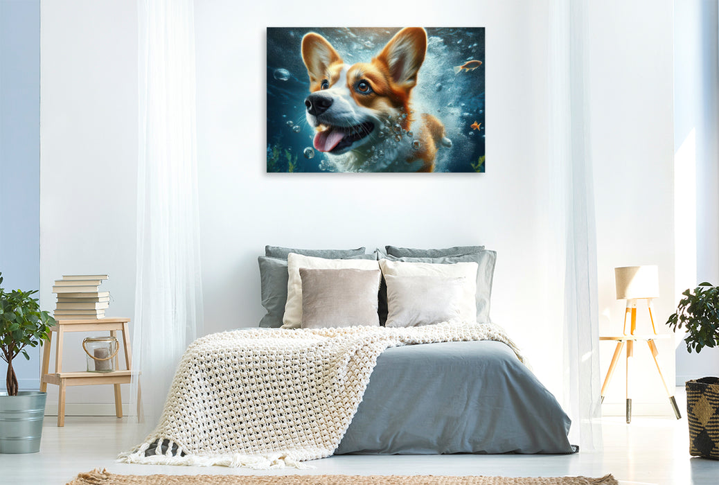 Premium Textil-Leinwand Welsh Corgi Pembroke unter Wasser