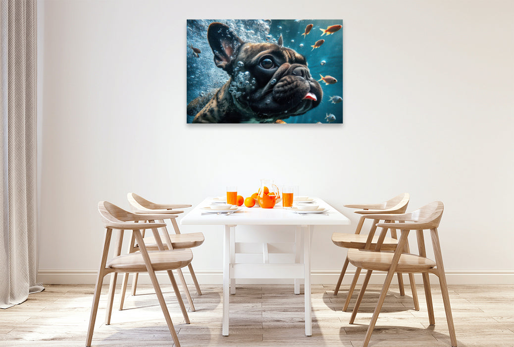 Premium Textil-Leinwand Eine Französische Bulldogge taucht mit Fischen
