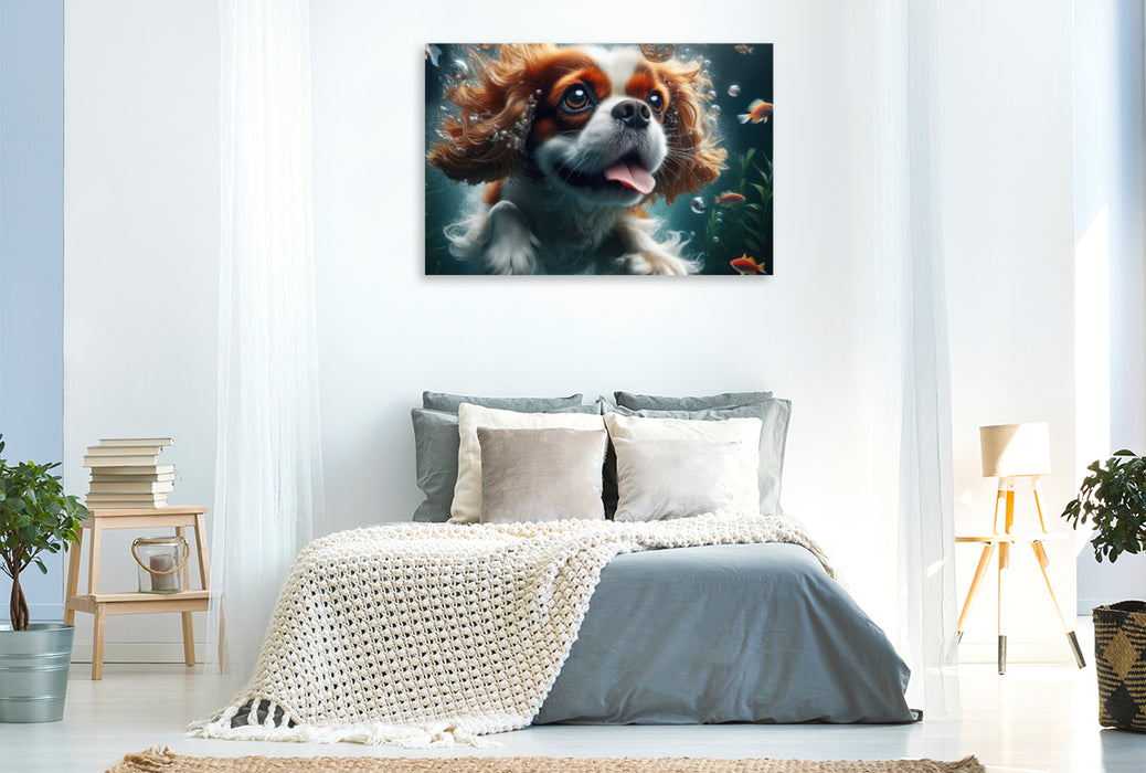 Premium Textil-Leinwand King Charles Cavalier Spaniel taucht begeistert unter Wasser