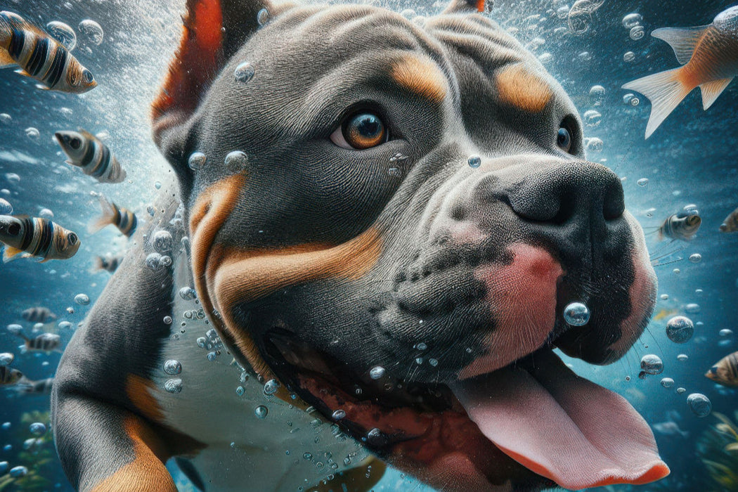 Premium Textil-Leinwand American Stafford Terrier taucht mit Fischen