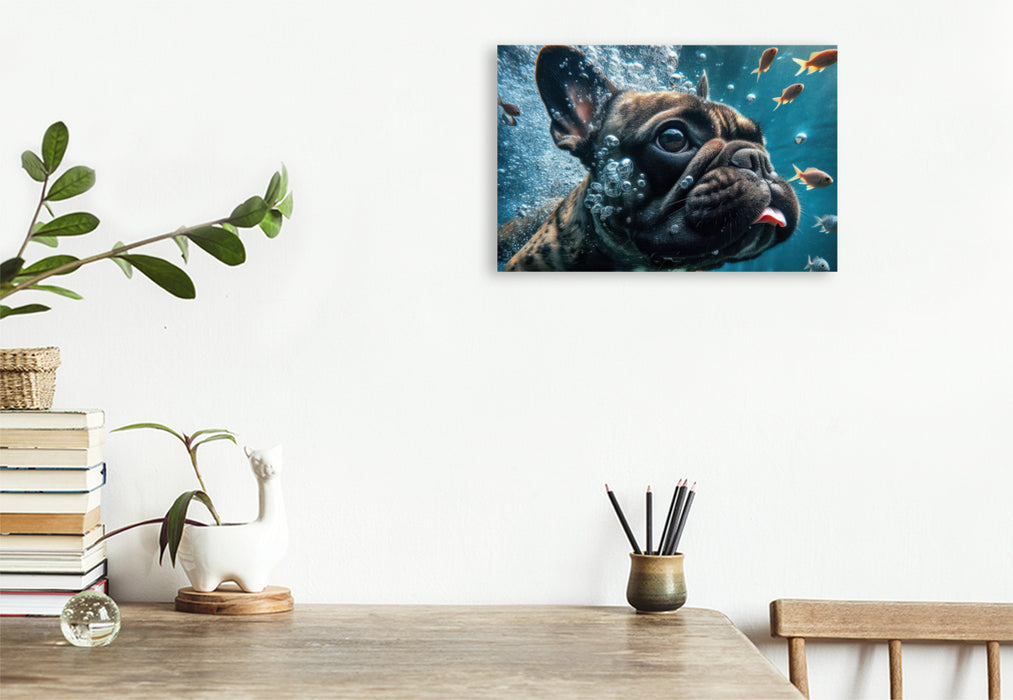 Premium Textil-Leinwand Eine Französische Bulldogge taucht mit Fischen