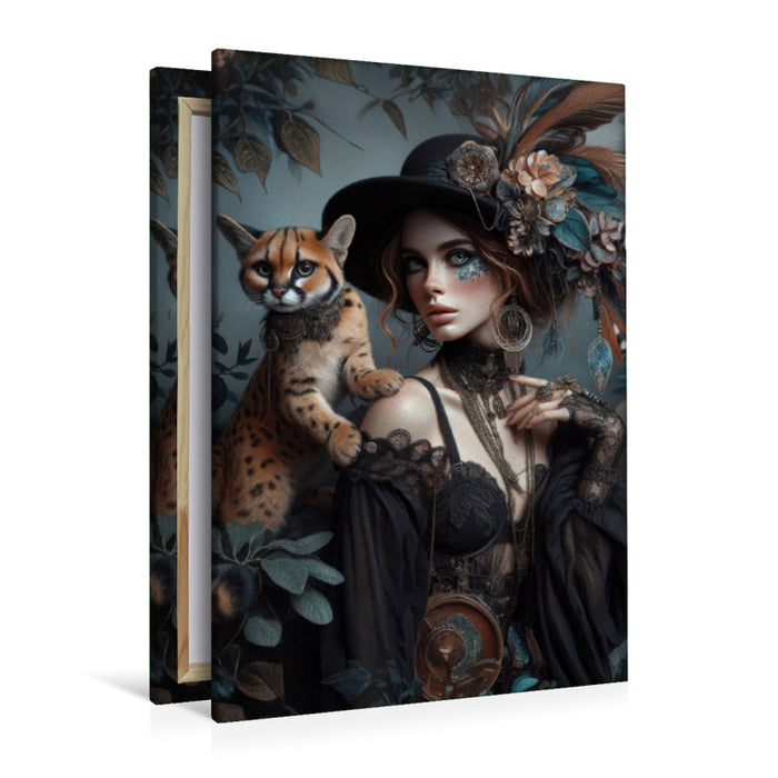 Premium Textil-Leinwand Femme Fatale mit Katzenaugen und einer Wildkatze auf der Schulter