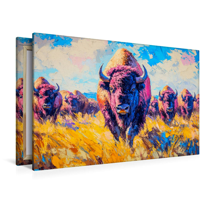 Premium Textil-Leinwand Bisons in der Abenddämmerung