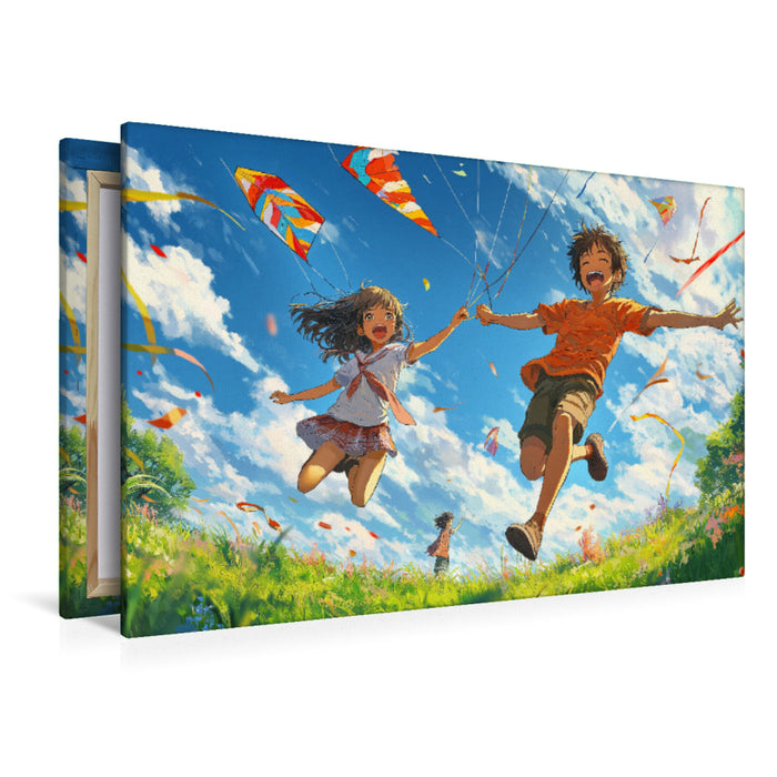 Premium Textil-Leinwand Fröhliche Anime-Kinderszene – Drachensteigen im sonnigen Frühling