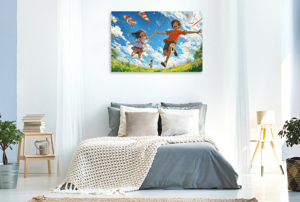 Premium Textil-Leinwand Fröhliche Anime-Kinderszene – Drachensteigen im sonnigen Frühling