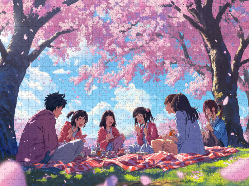 Anime Kirschblüten-Picknick - Kawaii Manga-Szene mit Freunden unter Sakura Bäumen - CALVENDO Foto-Puzzle'