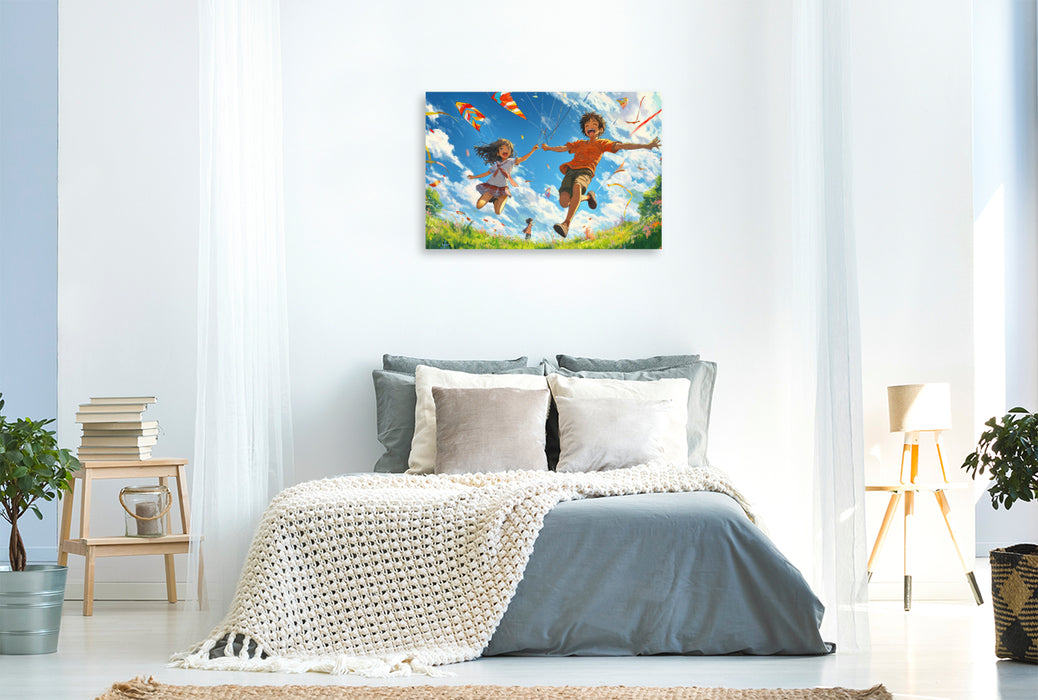 Premium Textil-Leinwand Fröhliche Anime-Kinderszene – Drachensteigen im sonnigen Frühling