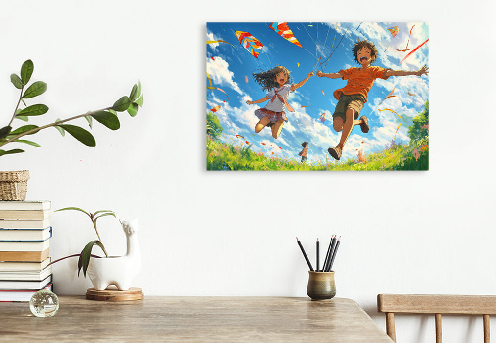 Premium Textil-Leinwand Fröhliche Anime-Kinderszene – Drachensteigen im sonnigen Frühling
