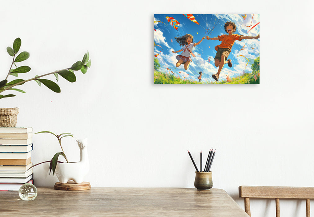 Premium Textil-Leinwand Fröhliche Anime-Kinderszene – Drachensteigen im sonnigen Frühling