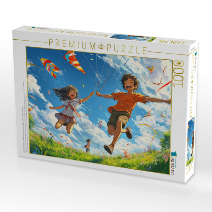 Fröhliche Anime-Kinderszene – Drachensteigen im sonnigen Frühling - CALVENDO Foto-Puzzle'
